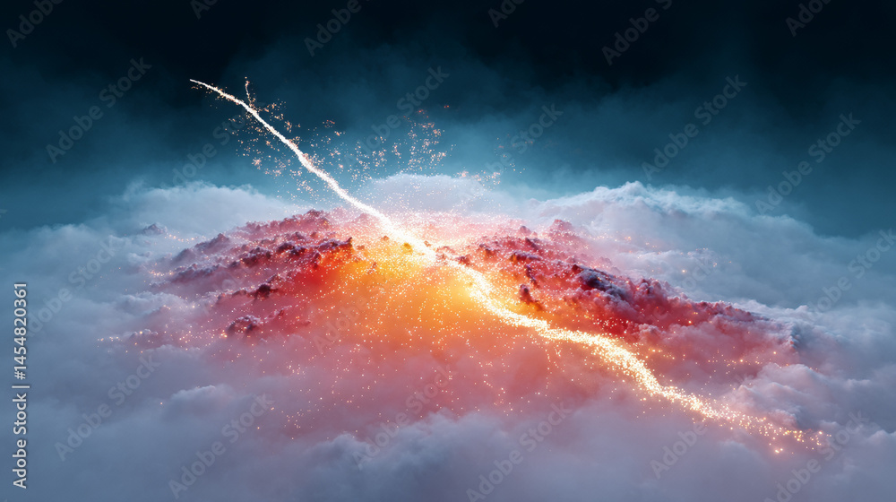 A glowing volcanic eruption bursts through dense clouds, sending fiery sparks and lava into the sky.