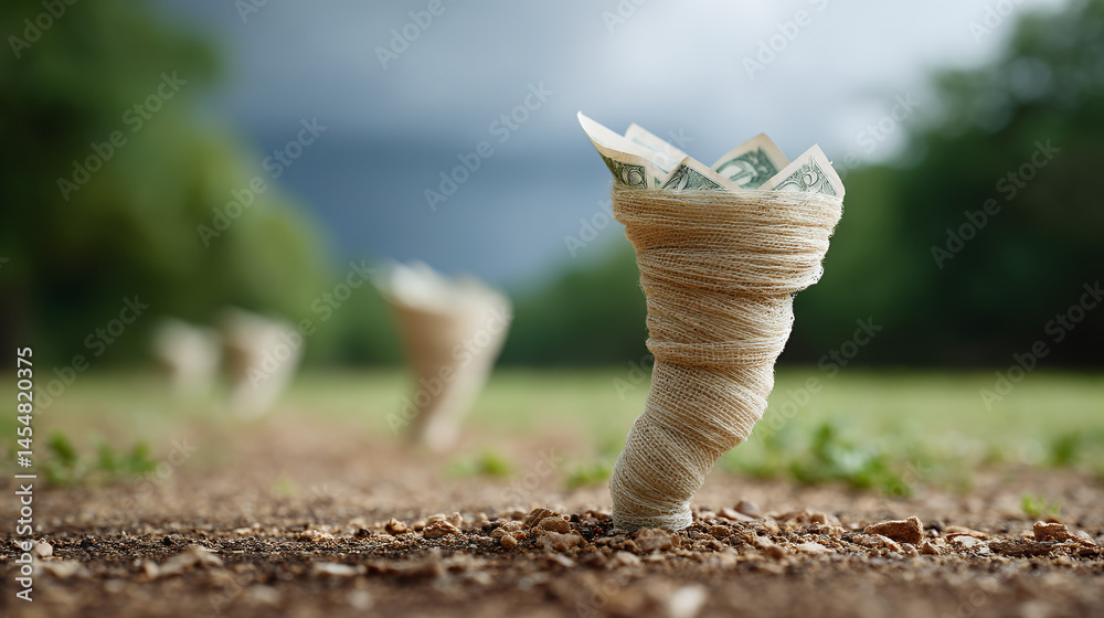 Dollar bills wrapped in twine are planted in soil, symbolizing investment growth and financial returns in a natural setting.