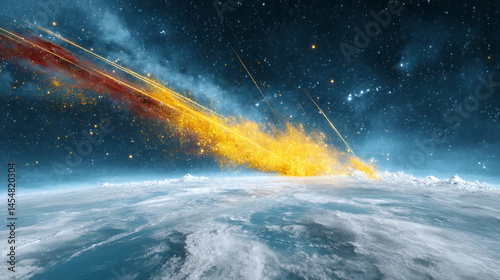 Obraz na płótnie A large meteor shower blazes through Earth's atmosphere, illuminating the night sky with fiery trails above the clouds. w salonie