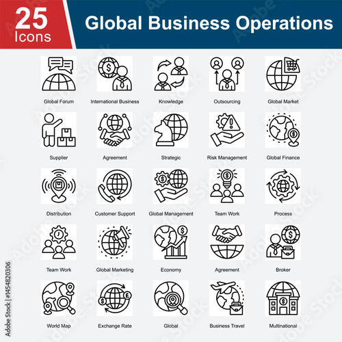 Global Business Operations is a collection of icons illustrating international business processes, outsourcing strategies, global supply chain management, risk management, and the dynamics of global m