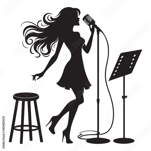 Elegant Singer Silhouette Vector Illustration with Microphone and Stool