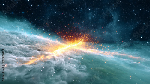 Obraz na płótnie A cosmic explosion with bright light and clouds, set against a star-filled universe. w salonie