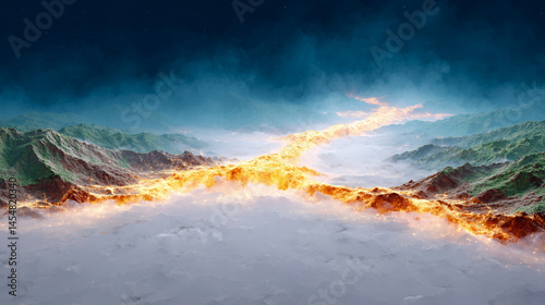 A glowing fissure cuts through icy terrain, surrounded by mountains and mist under a dramatic sky.