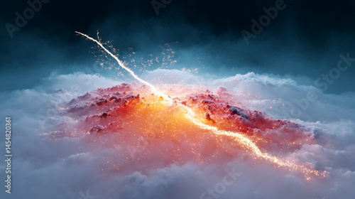 Obraz na płótnie A glowing volcanic eruption bursts through dense clouds, sending fiery sparks and lava into the sky. w salonie
