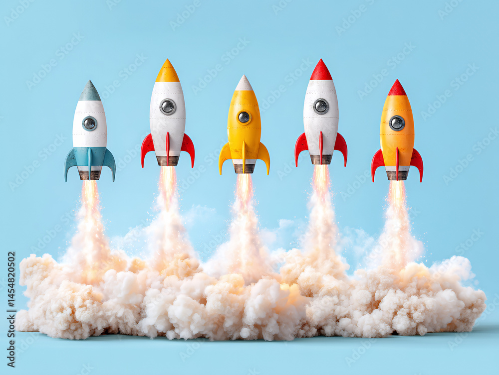 Five colorful toy rockets launch, emitting smoke, against a light blue background.