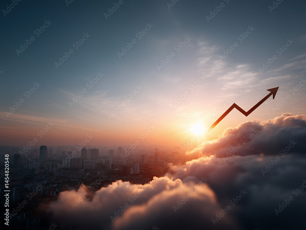 A rising arrow above clouds over a city skyline at sunrise symbolizes growth, progress, and success.