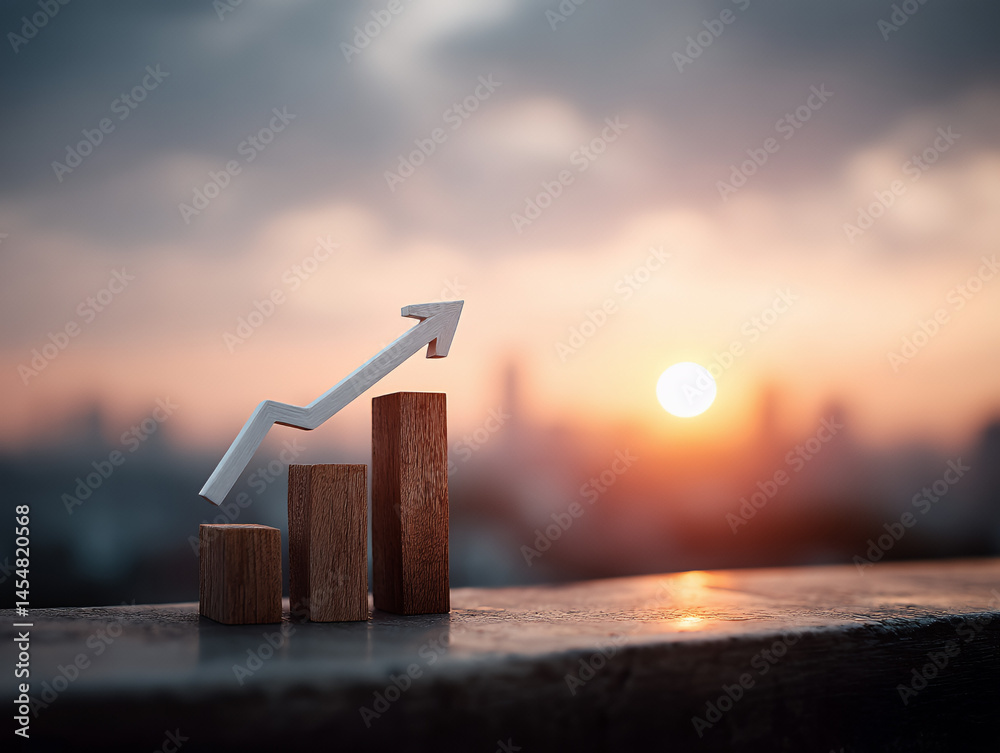 A rising bar graph with an upward arrow symbolizes growth and success against a blurred city sunset background.