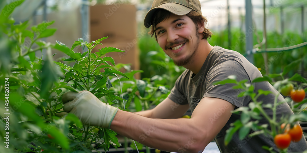 Obraz premium Person pruning tomato plants in greenhouse among vibrant green foliage