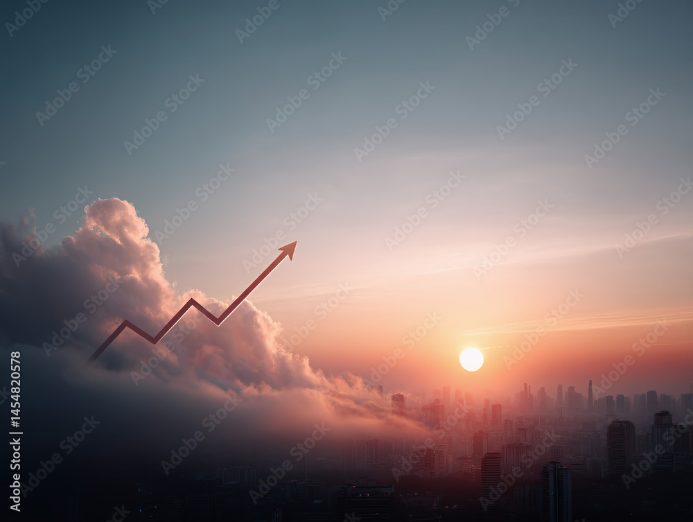 A red arrow shaped like a rising graph emerges from clouds above a city skyline at sunrise, symbolizing growth and progress.
