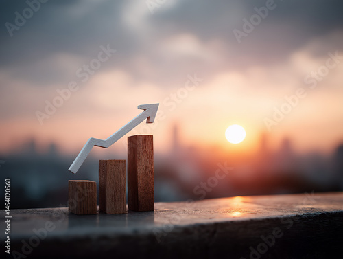 Obraz na płótnie A rising bar graph with an upward arrow symbolizes growth and success against a blurred city sunset background. w salonie