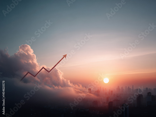 Obraz na płótnie A red arrow shaped like a rising graph emerges from clouds above a city skyline at sunrise, symbolizing growth and progress. w salonie