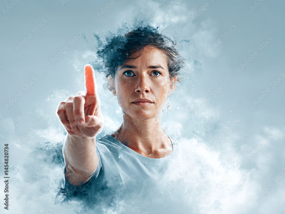 A woman in a misty, surreal environment points forward, her expression focused and determined.