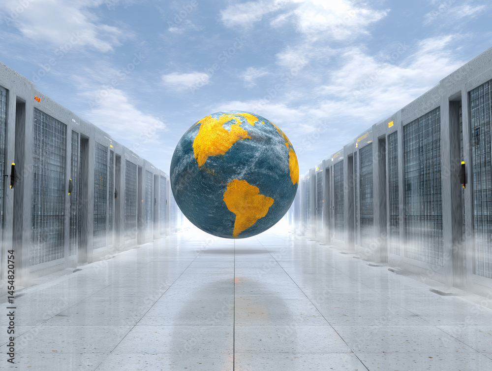 A digital globe floats in a futuristic server room, symbolizing global connectivity and advanced technology.
