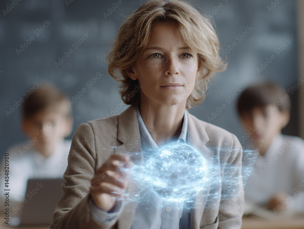 A teacher demonstrates futuristic holographic technology to students in a classroom setting.
