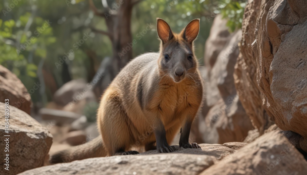 Naklejka premium Rock wallaby in its natural habitat, Queensland, wild life photography, nature photography, cliff