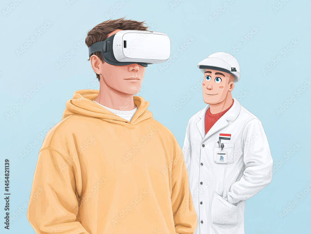 A man wearing a virtual reality headset stands in front of a smiling scientist in a lab coat against a light blue background.