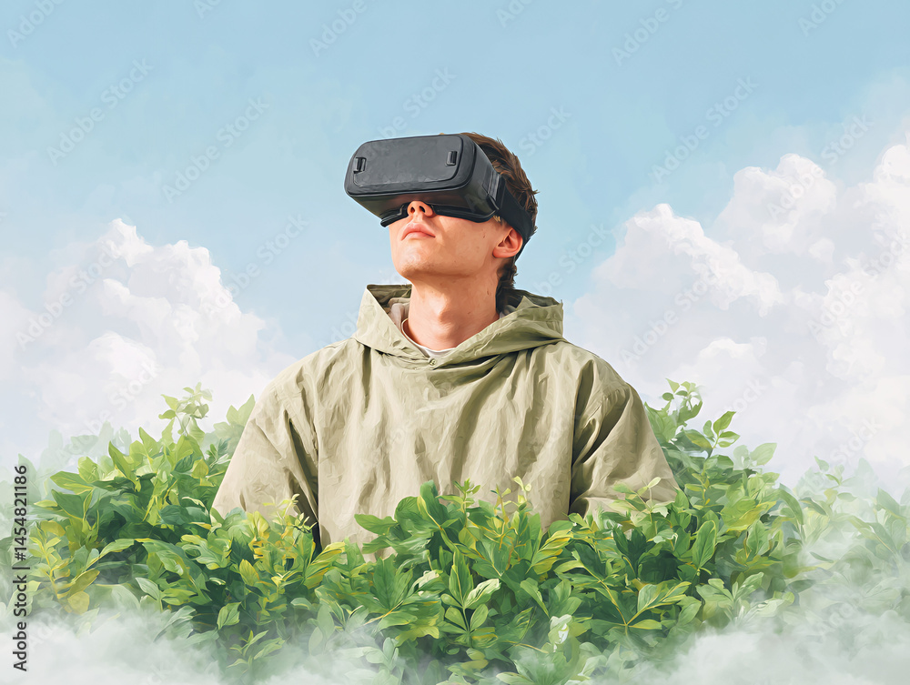 A young person wearing a VR headset stands among green bushes under a cloudy sky, blending nature with technology.