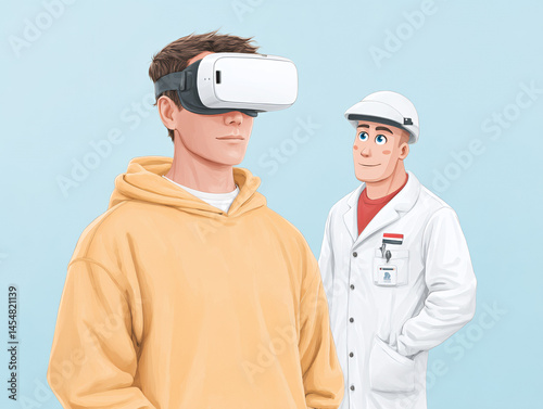 Obraz na płótnie A man wearing a virtual reality headset stands in front of a smiling scientist in a lab coat against a light blue background. w salonie