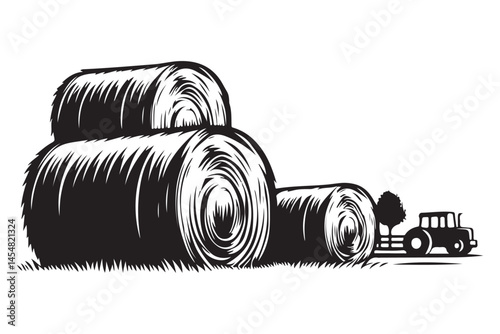 Rustic Farm Landscape Hay Bale Vector Art Illustration for Printing