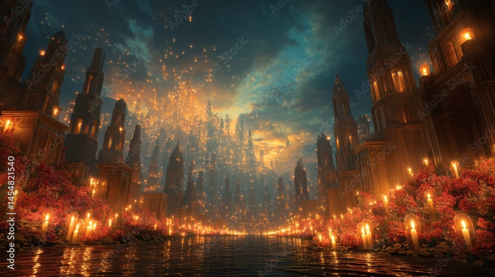 Obraz premium A mesmerizing cityscape illuminated by countless lights under a dramatic night sky