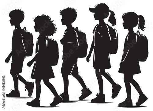 Silhouette of School Children Walking with Backpacks Vector Illustration
