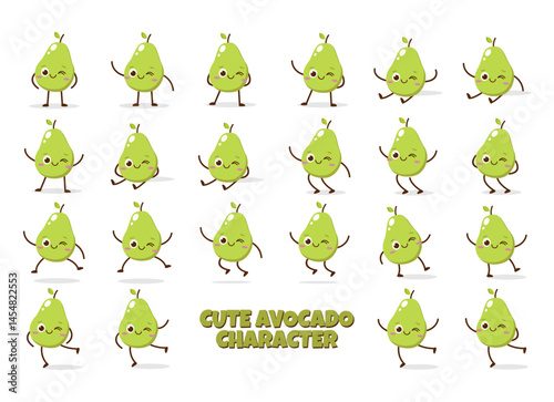 Cute Smiling Green Avocado Character. Kawaii Green Fruit Mascot Style Vector. Cute vector character set in various action emotions. Collection symbols isolated on a white background