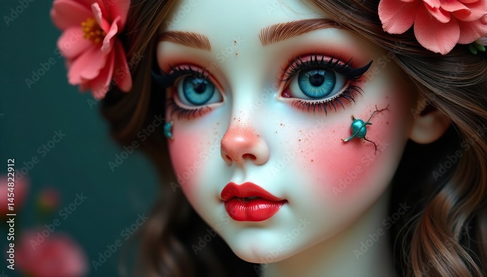 Abstract floral design on a porcelain doll's face , flower, pastel, soft Abstract floral design on a porcelain doll's face , flower, pastel, soft