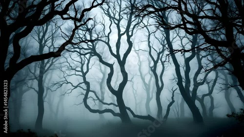 Enigmatic dark forest enveloped in thick fog with towering trees creating a mysterious atmosphere
