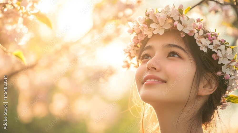 Fototapeta premium Youth Day: A vibrant close-up of a young person wearing a floral crown, soft sunlight highlighting their joyful expression, blurred spring blossoms in the background, fresh and energetic atmosphere 