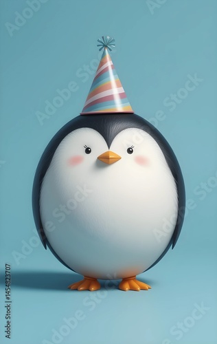 Penguin wearing a striped party hat standing on a blue background, animated cartoon Penguin character wearing a party hat