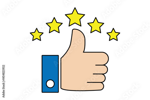 Five Star Rating with thumbs up icon. Rating stars badges customer positive feedback for quality service. Product Positive review of customer Survey. Like, thumb up and stars, Rating icon.