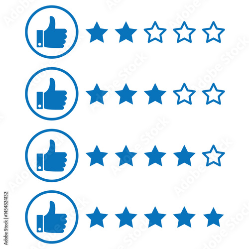 Customer review rating with 5 stars and thumb up feedback. Five star rating badge, Product Positive review of customer Survey.