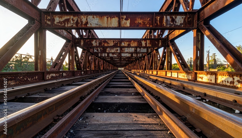 Rusty Railway Bridge with Perspective View on Tracks at Sunset Rusty Railway Bridge with Perspective View on Tracks at Sunset