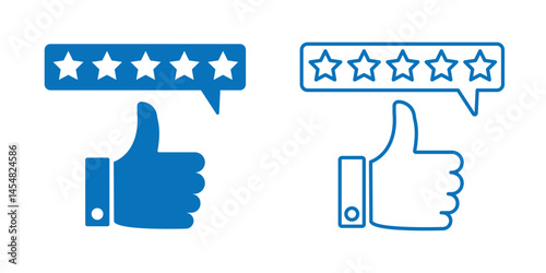 Customer review rating with 5 stars and thumb up feedback. Five star rating badge, Product Positive review of customer Survey.