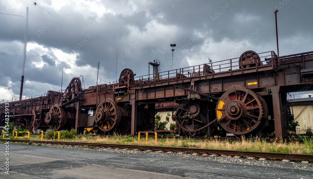 Naklejka premium Industrial Machinery with Large Gears Beneath Dramatic Cloudy Sky