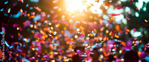A burst of colorful confetti fills the air, shimmering in the warm glow of a setting sun. Friends gather in celebration, laughter echoing in the evening. Joy and excitement abound Generative AI