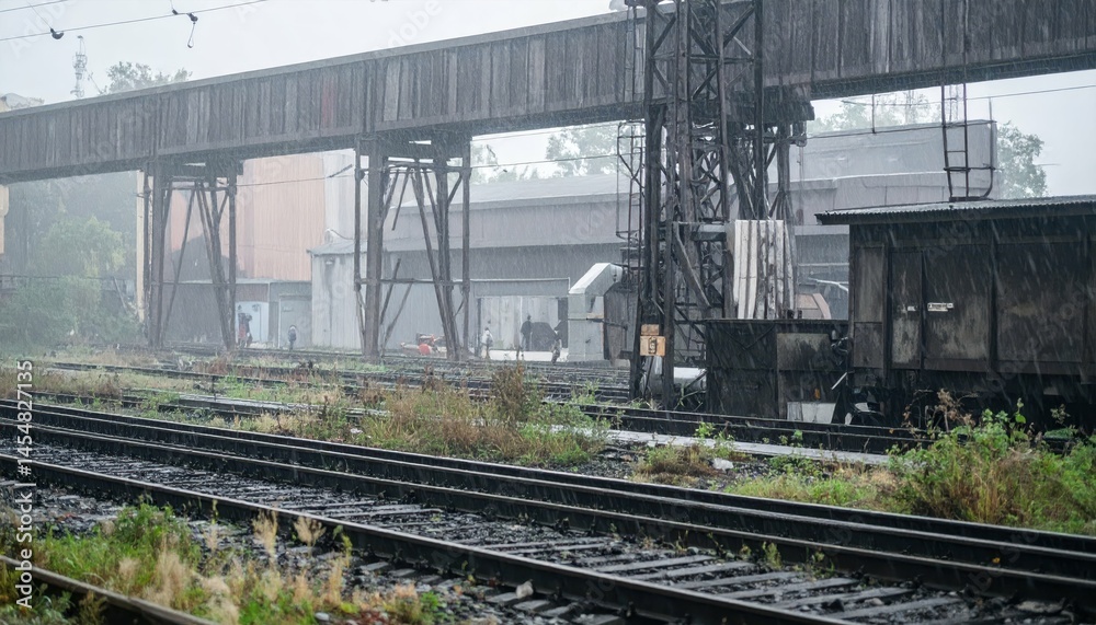 Fototapeta premium Rainy Day at Abandoned Train Station with Overgrown Tracks