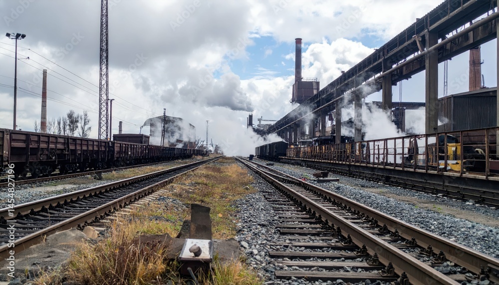 Fototapeta premium Industrial Railway Scene with Steam and Smoke Amidst Tracks