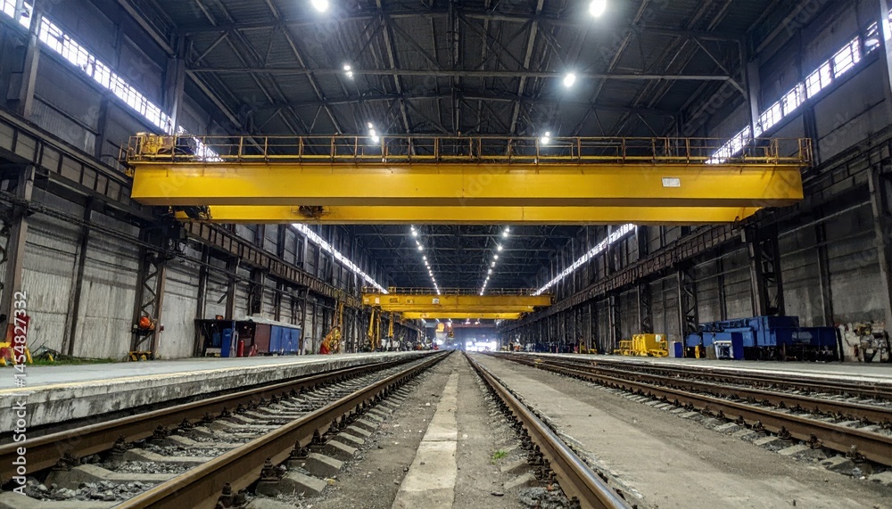 Industrial Warehouse Interior with Cranes and Empty Rail Tracks Industrial Warehouse Interior with Cranes and Empty Rail Tracks