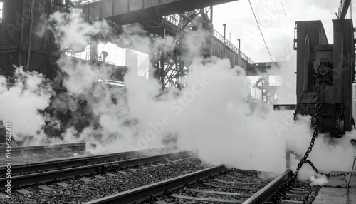Industrial Train Tracks with Steam and Fog in Black and White Scene