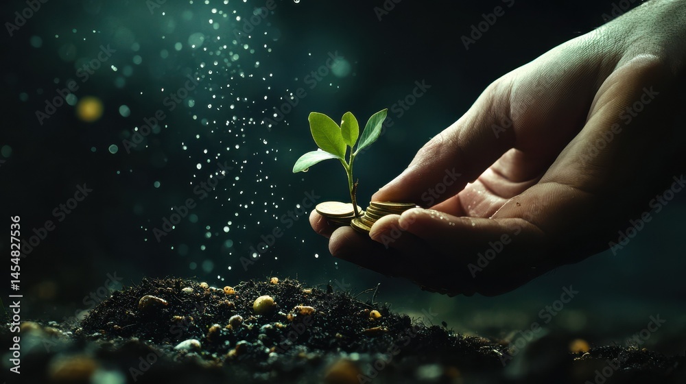 Fototapeta premium Growing money concept with hand holding coins and small plant sprouting from them, symbolizing investment and financial growth