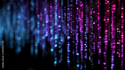 Glowing binary code streams in blue and pink on dark background in digital style.