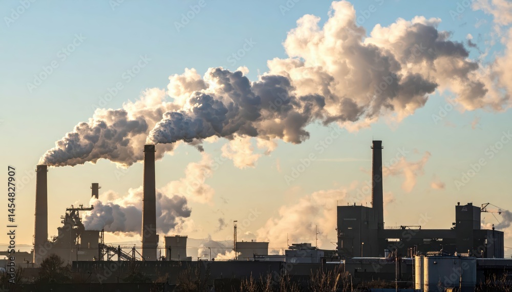 Industrial Smokestacks Emitting Smoke at Sunset in Urban Landscape Industrial Smokestacks Emitting Smoke at Sunset in Urban Landscape