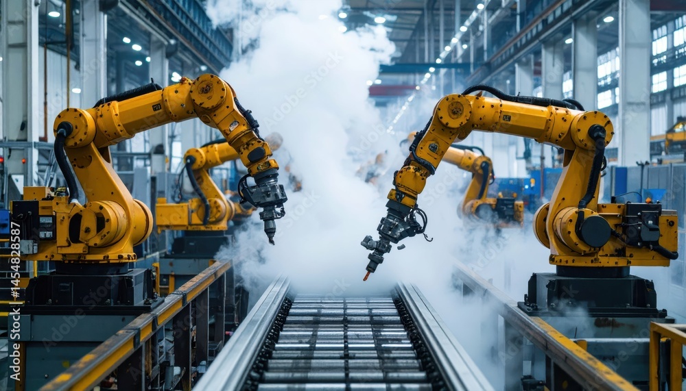 Industrial Automation with Robotic Arms in Modern Factory Setting Industrial Automation with Robotic Arms in Modern Factory Setting