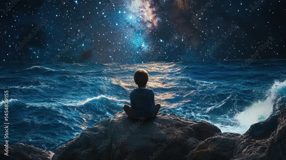 Obraz premium A child sitting on a rock near the ocean watching the stars and listening to the waves crash below.