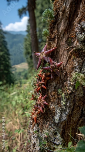 Unique parasitic plant clinging to the side of a mossy tree trunk in a lush forest environment, with mountain vista and clear sky.