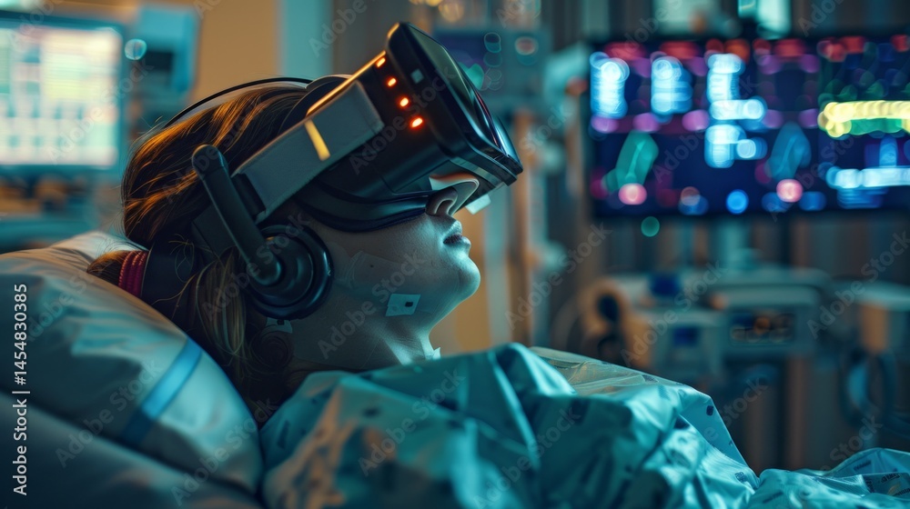 Patient using VR headset in a medical setting, showcasing modern technology to improve healthcare experiences. Patient using VR headset in a medical setting, showcasing modern technology to improve healthcare experiences.