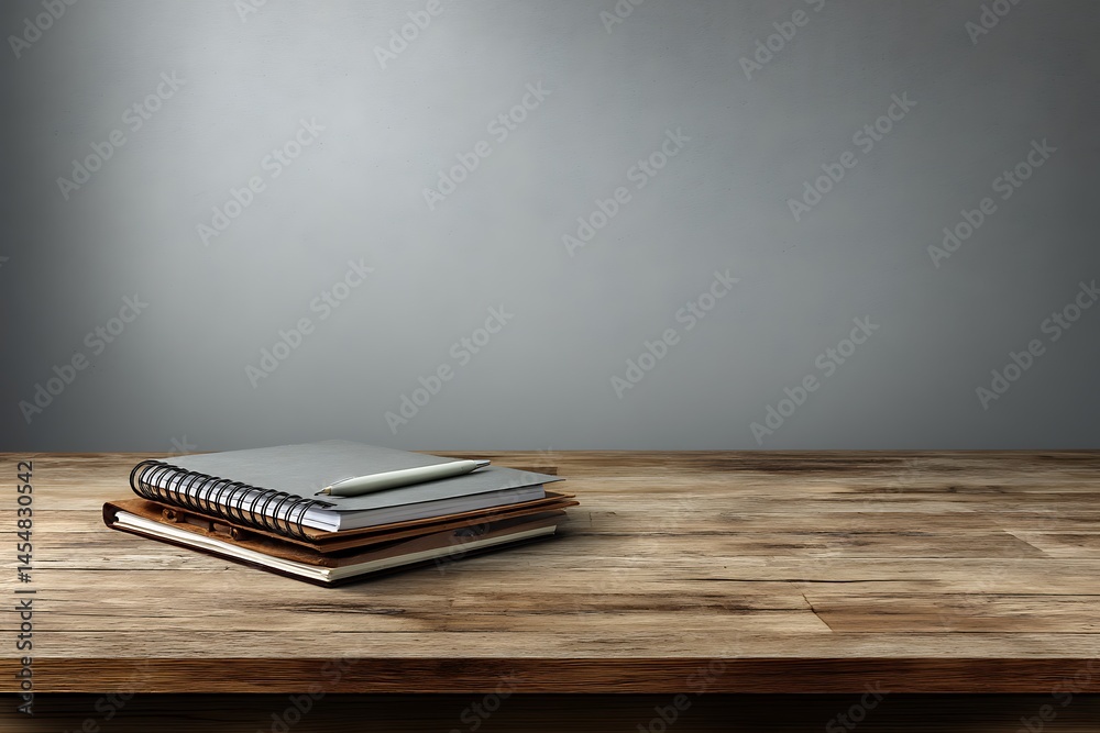 Minimalist workspace with a spiral notebook, pen, and wooden table, creating a calm atmosphere. Minimalist workspace with a spiral notebook, pen, and wooden table, creating a calm atmosphere.