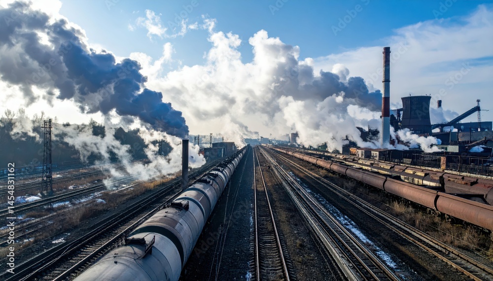 Fototapeta premium Industrial Landscape with Smoke Stacks and Train Tracks in Winter