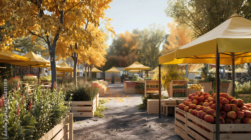 Obraz premium sustainable city market, cherry red produce, butter yellow tents, aura indigo sky, dill green booths, alpine oat crates